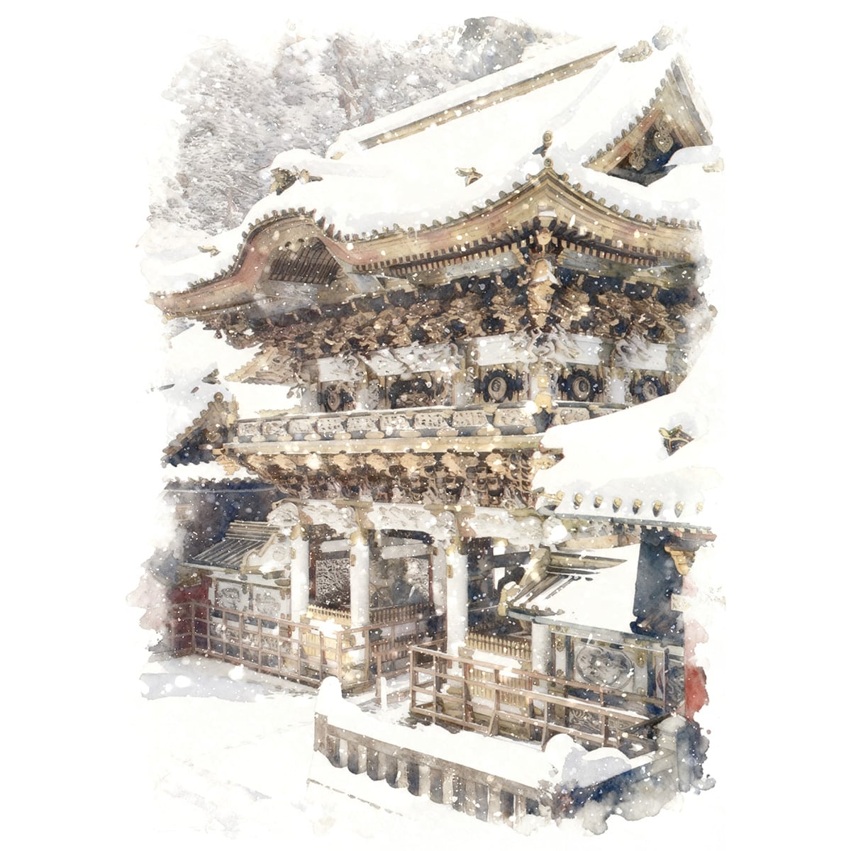 絵画 風景画 日本の 冬 栃木県 日光 雪の日光東照宮 インテリアアート額付き 水彩画風 WAT1721