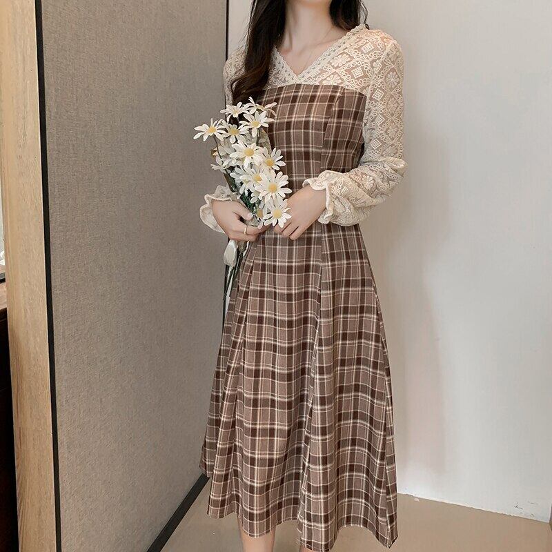 【新作】【送料無料】 830＃秋の格子縞パッチワークレースマタニティ看護ロングドレススリムな服妊娠中の女性妊娠 オータム 秋物 AL expec468820449903