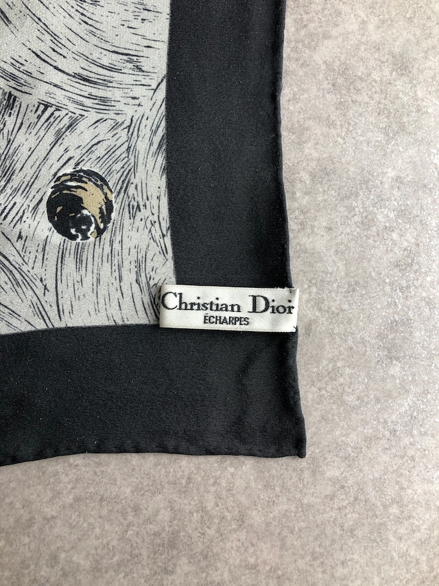 Christian Dior クリスチャン ディオール スカーフ ホワイト×グレー ムーン シルク vintage ヴィンテージ オールド 47xbcu
