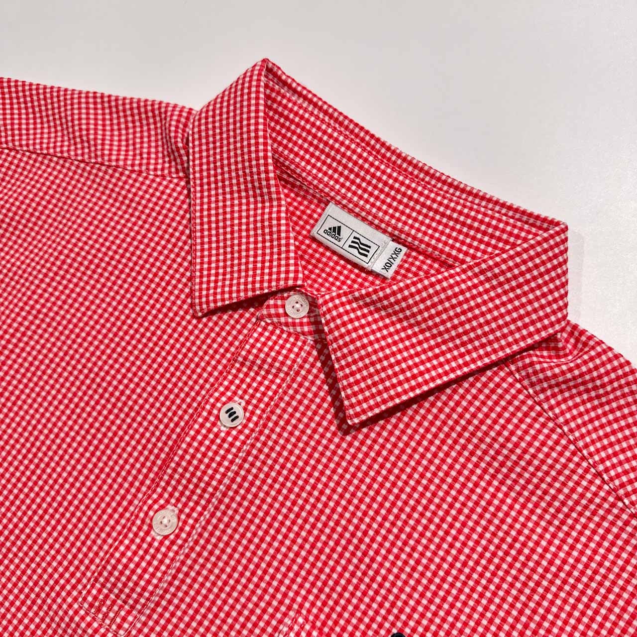 美品 adidas GOLF アディダス ゴルフ ギンガムチェック柄 半袖 ポロシャツ XO/XXG /メンズ/シアサッカー風/レッド×ホワイト