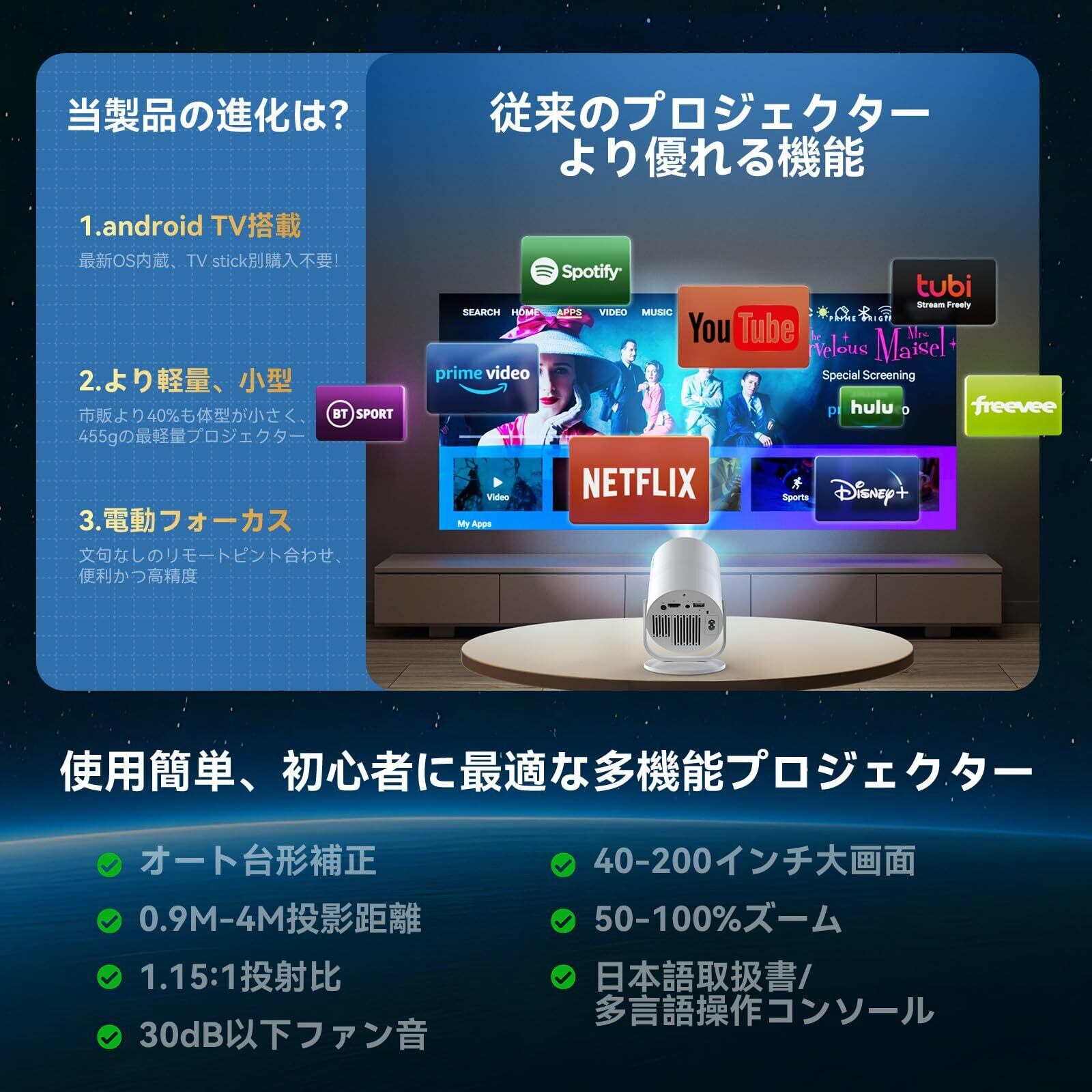 Tecaki 2025年 超小型 プロジエクター 家庭用【Android TV内蔵・自動