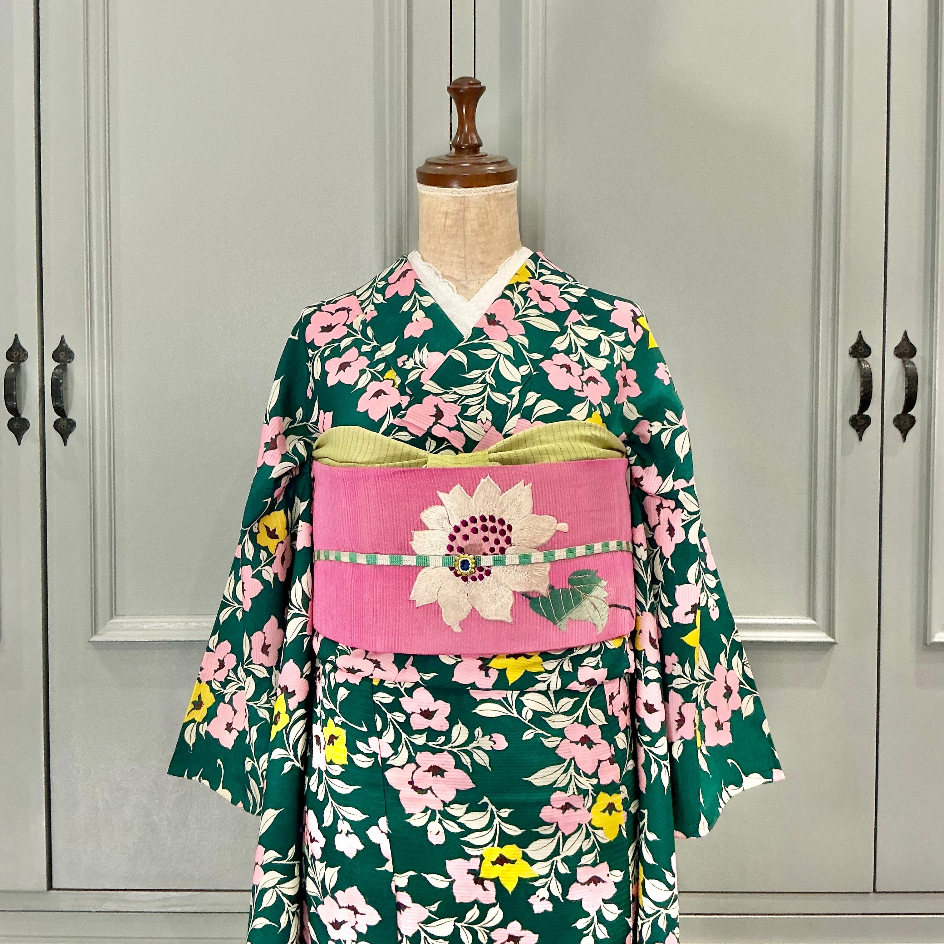 アーバン・ボタニカル＊夏着物 絽 桔梗 花 小花 グリーン アンティーク