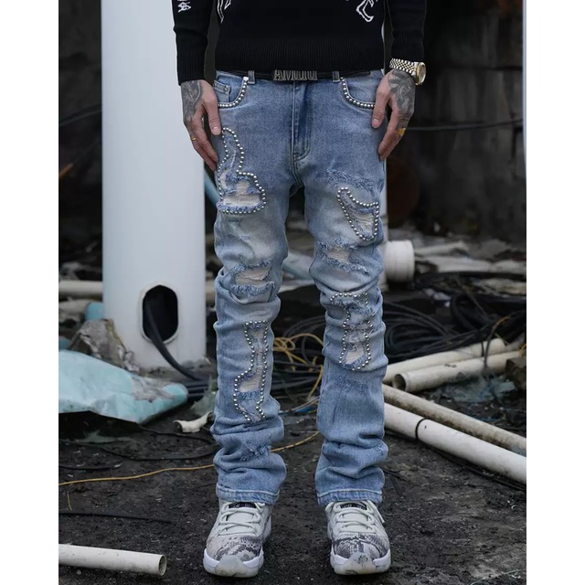 【DRIP6328】TGF Studded Damage Embroidered Slim Denim