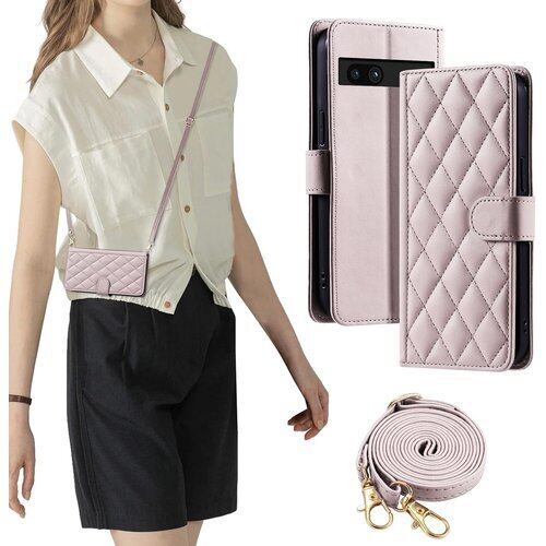 laddutoi FOR pixel 7a ケース ピクセル7a ケース 手帳型 おしゃれ ストラップ付き スタンド機能 カード収納 軽量 薄型 耐衝撃 高級PUレザー 滑り防止 財布型 内蔵マグネット 開閉式 チェック柄 上質 耐摩擦 マグネット式 肩掛け 斜め掛けーピンク 2251