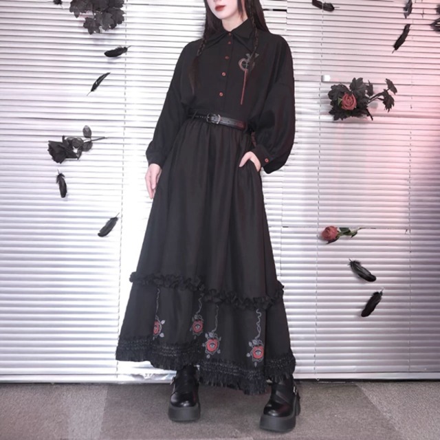 ダークレース切替 フリルロングスカート（ruf_03001）