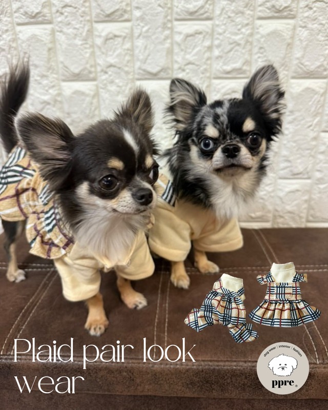 チェック ペアルック ウェア 犬服 ドッグウエア ワンピース オールインワン フリル ボタン ハイネック ロンパース