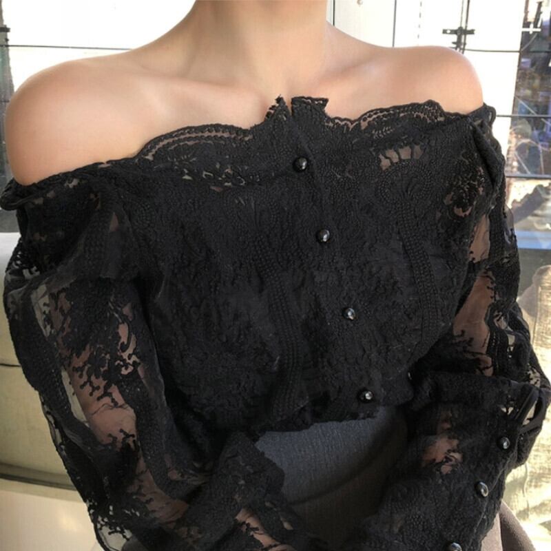 トップス ブラウス 長袖 スクエアネック オフショルダー レース 刺繍
