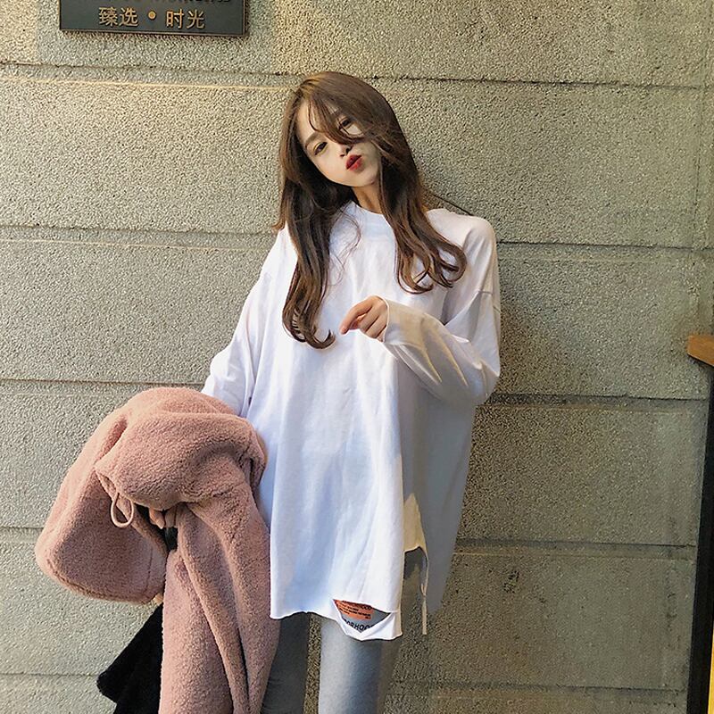 スプリングスタイルルーズTシャツ シャツ レディースホワイトトップス ロング 春物 スーパーモール97755455904