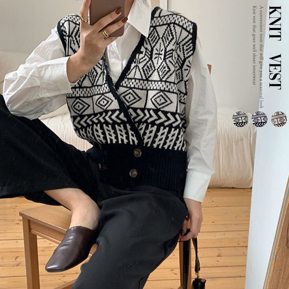 ニットベスト レディース 幾何学柄