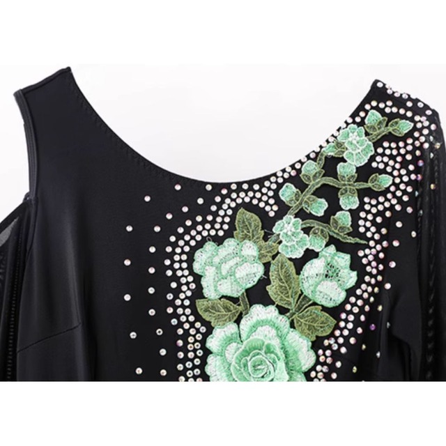 オフショルダー グリーンローズモチーフ モダンドレス 1col　D00258