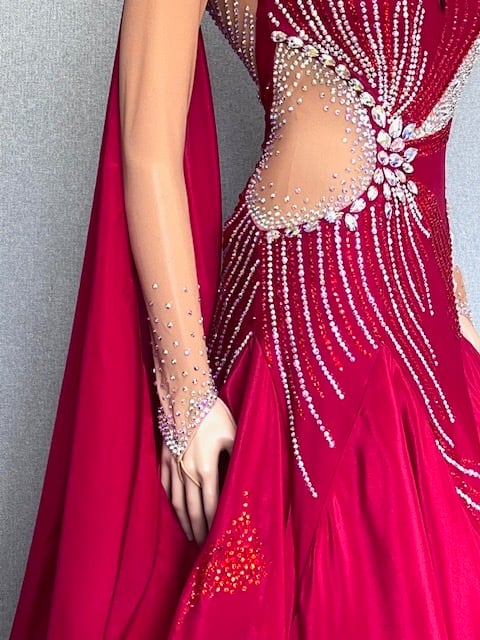 社交ダンス ドレス　スタンダード　モダンドレス　カージナルレッド　M　デモ・競技用ドレス　発表会衣装　パーティドレス　ワンピース　舞台衣装