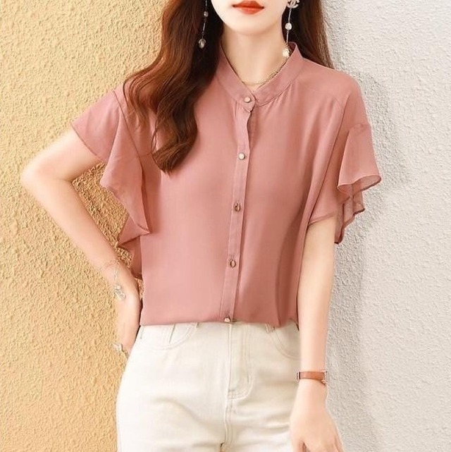 シャツ ブラウス レディーストップス フレアスリーブ シフォンシャツ 半袖 前開き シフォン 着回し 透け感 薄手 きれいめ 大人 上品 おしゃれ 大人女子 エレガント 春 夏  OL デート お出かけ 休日 旅行 普段使い 定番 送料無料 S M L XL 2XL 3XL ブラック パープル ネイビー