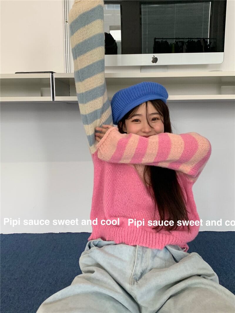 スタイルストライププルオーバー ニットセーター ジャケット オータムトップス ピンク 秋物 モンロー26683146134