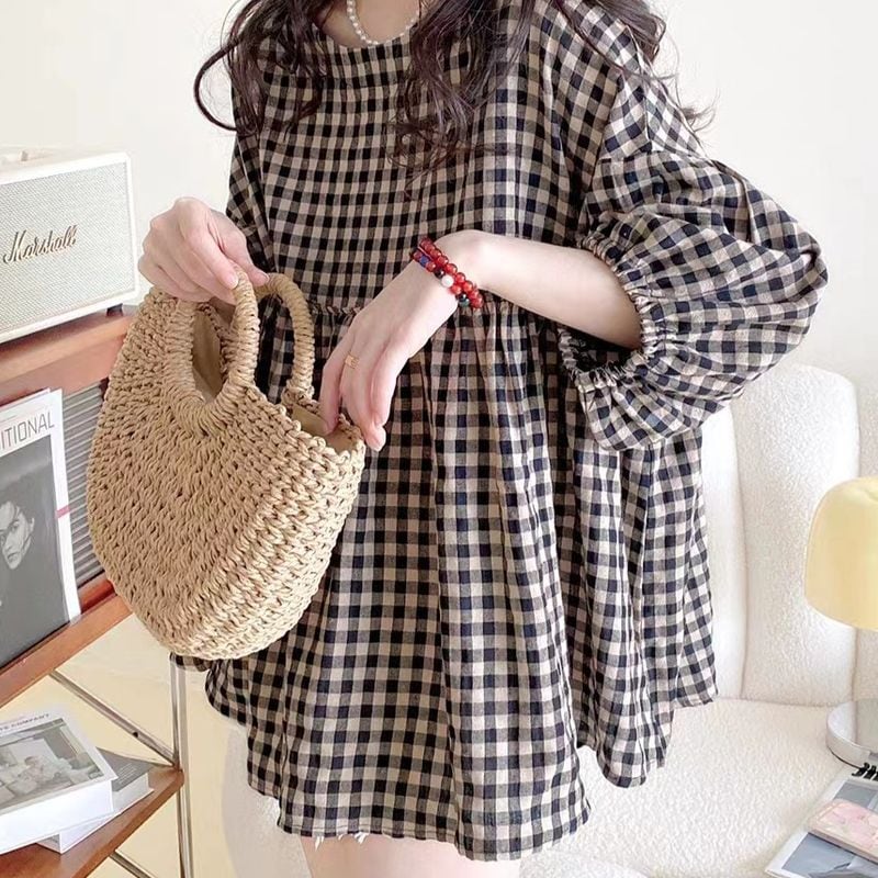 ギンガムチェックランタンスリーブトップス L0992