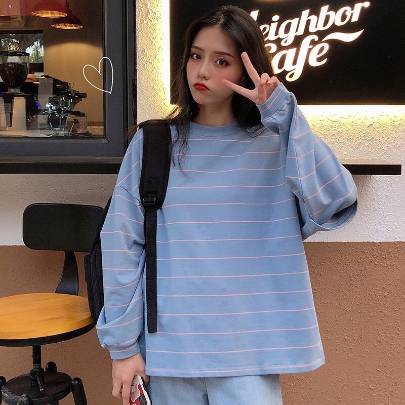 ストライプラウンドネックセーター サマーカジュアルルーズ薄手トップス 夏物 Oネック YY-ファッション63287780123