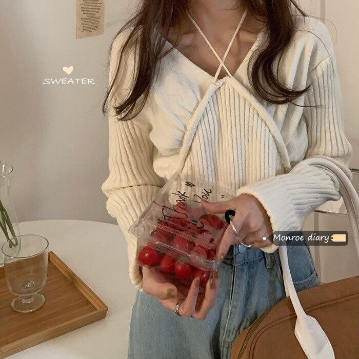ホルターVネックセーター ルーズニットショートトップス ロング モンロー49388839176