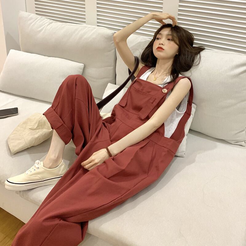 レッドオーバーオール サマーパンツ 薄手カジュアル 夏物 試着室50176666214