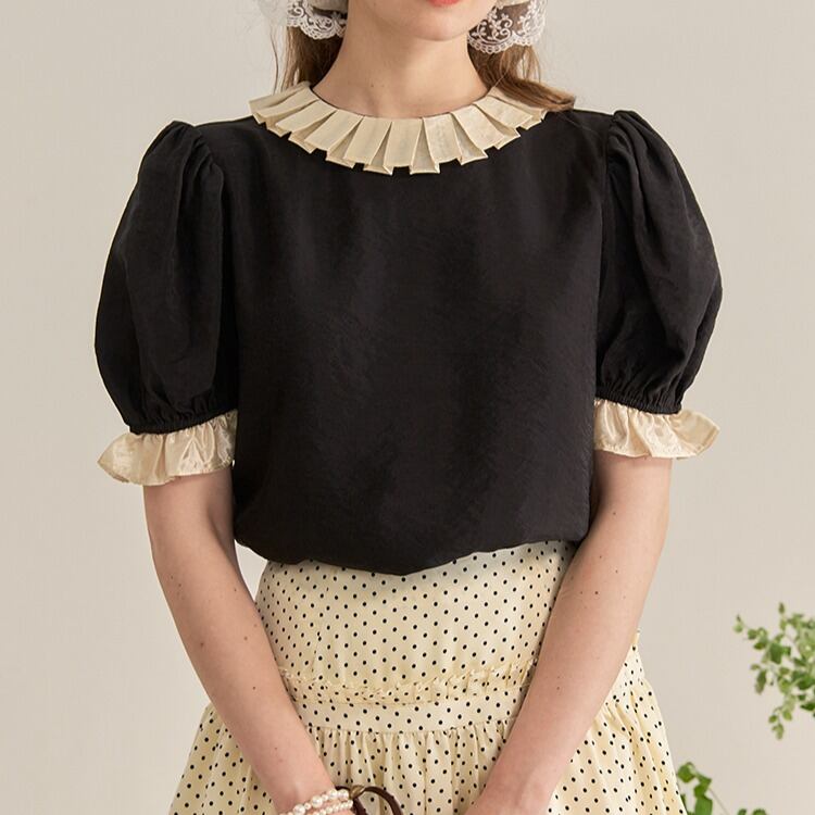 フリルカラー&パフスリーブ 半袖トップス 00238