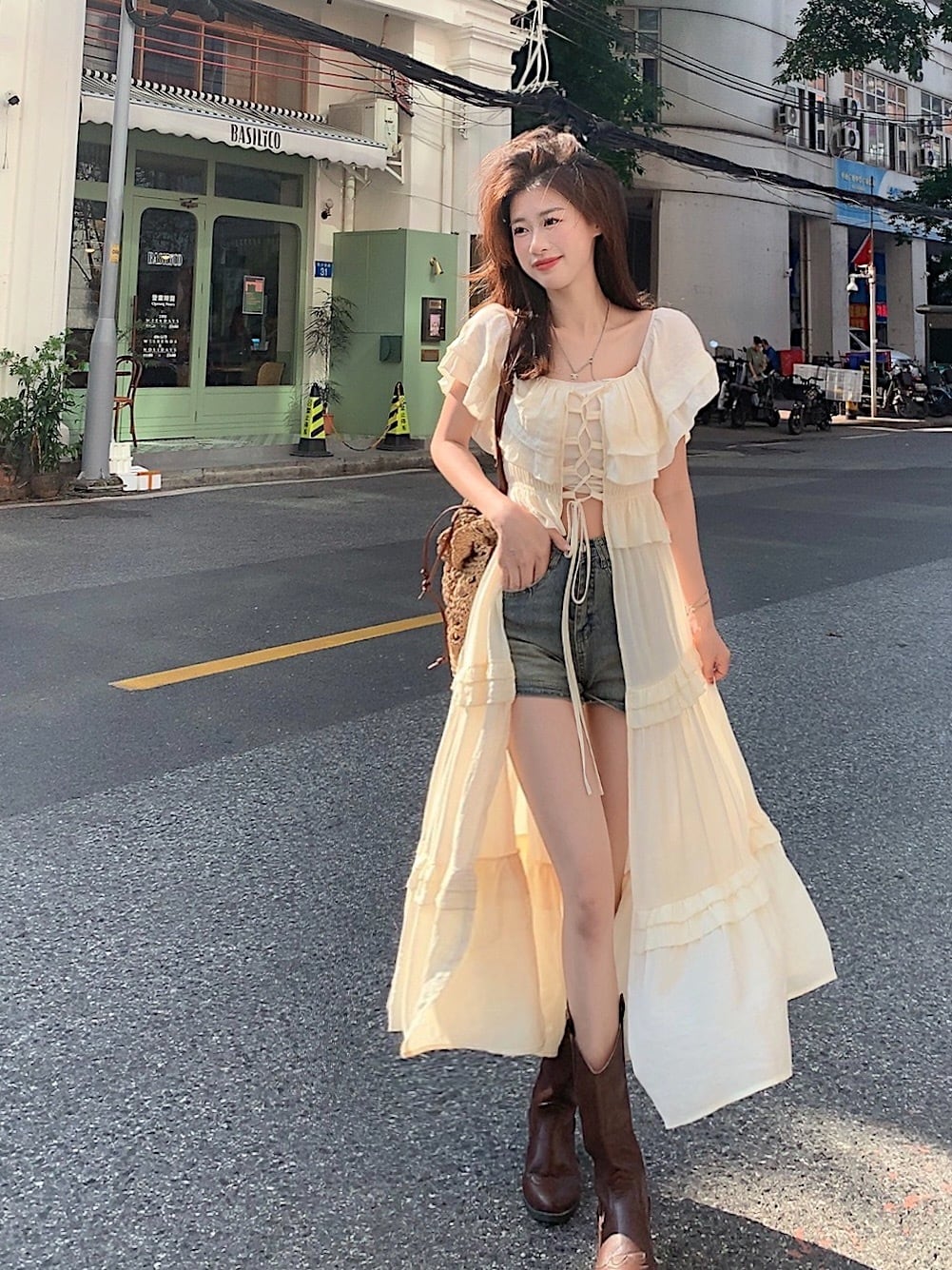 ロング カーディガン レディース 半袖 編み上げ スクエアネック