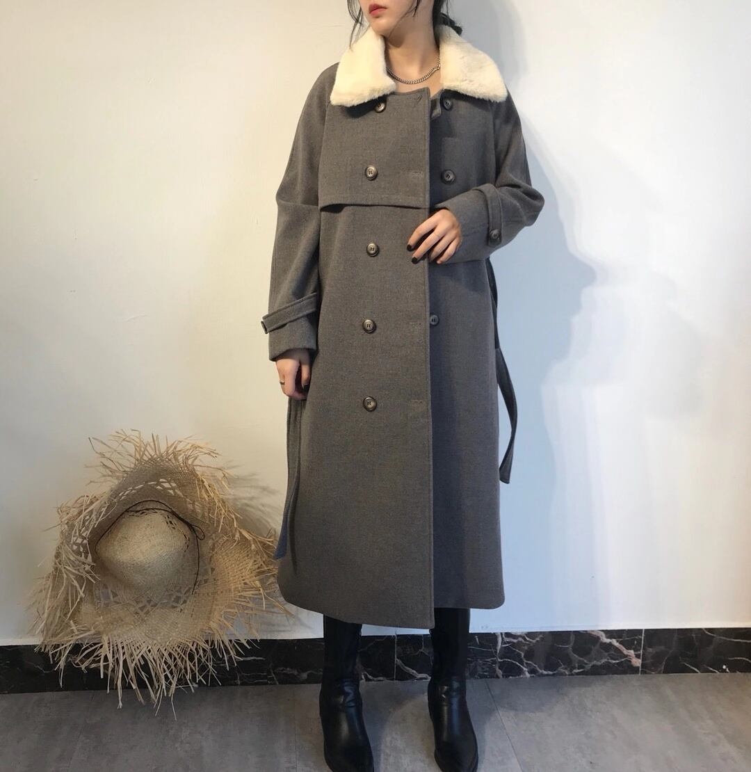 ウールブレンド ファー付き ロングコート AJ42441-6665