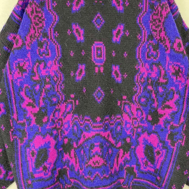 総柄デザインニット L ブラック 黒 赤 ブルー Uネック 古着 セーター