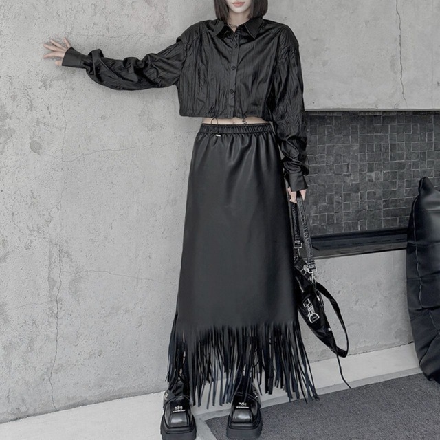 Tassel leather mid-length skirt C0499