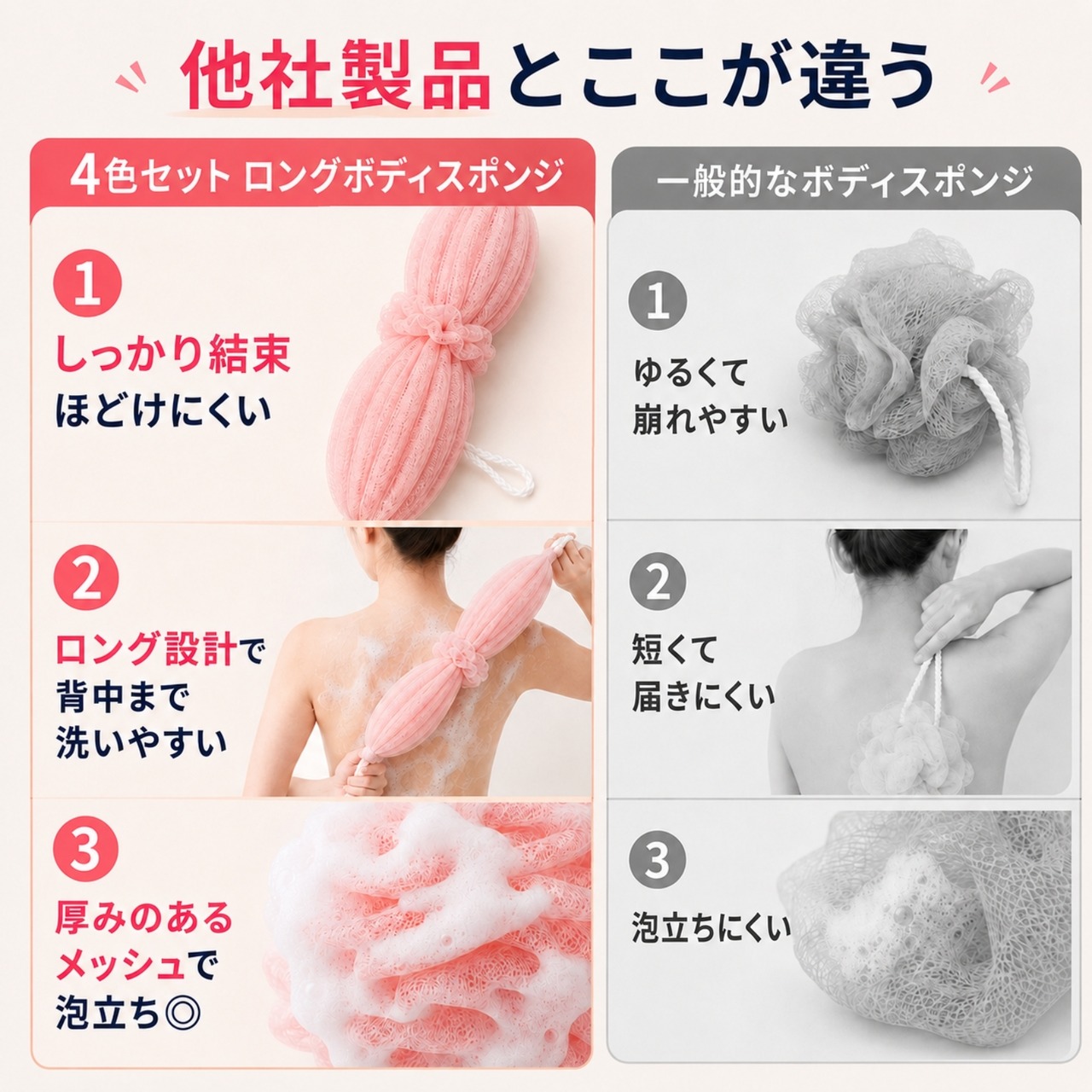 【４本セット】ロングボディスポンジ　ボディタオル」 4本セット 背中洗い 泡立てネット 伸縮 メッシュ 吊り下げ