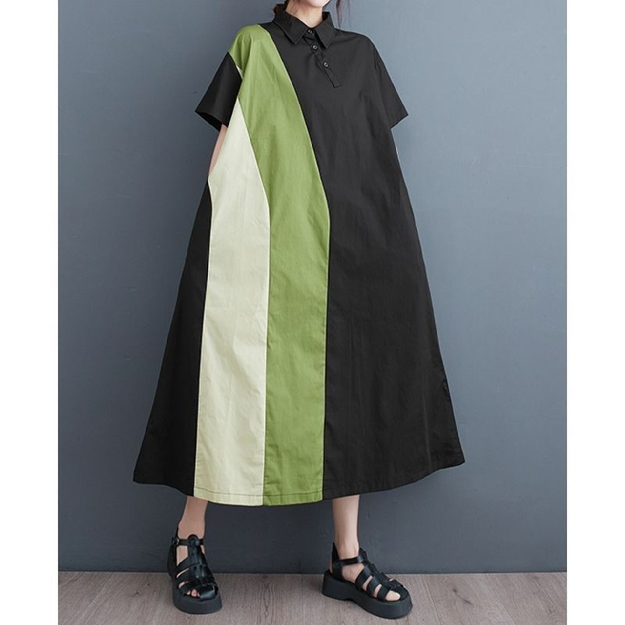 パネル切り替えデザイン シャツワンピース  30052