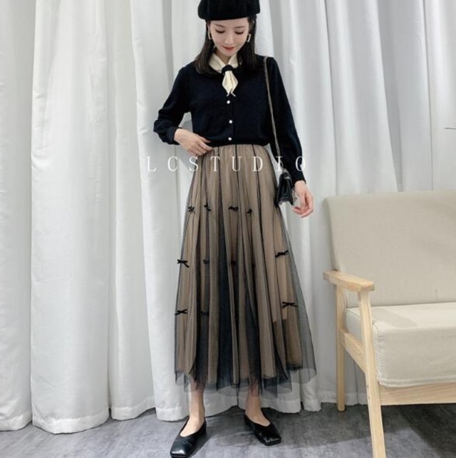 ロングスカート チュールスカート ハイウエスト リボン 可愛い レディース ファッション