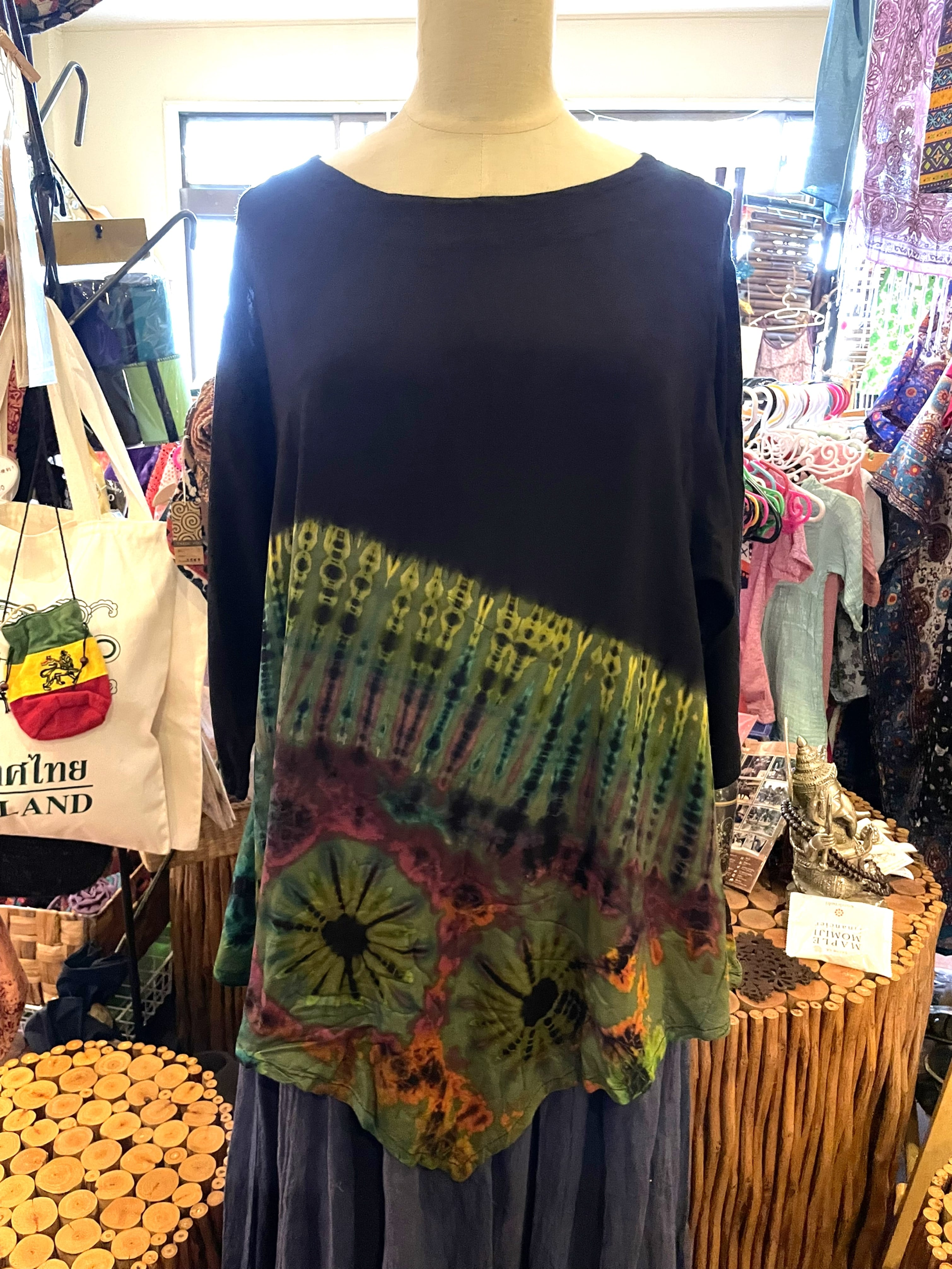 ロンT Tシャツ トップス 変形 カットソー 五分袖 七分袖 レディース タイダイ染め 羽織 ハーフタイダイ ファッション アジアン エスニック コットン大きいサイズ カジュアル ブラック グリーン 春 夏 秋*アジアン雑賀 No.208