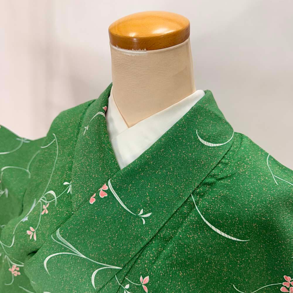 小紋 単衣 洗える着物 裄65cm 身丈159cm 緑 花柄 お洒落着 普段着 ポリエステル 美品 M サイズ 5272