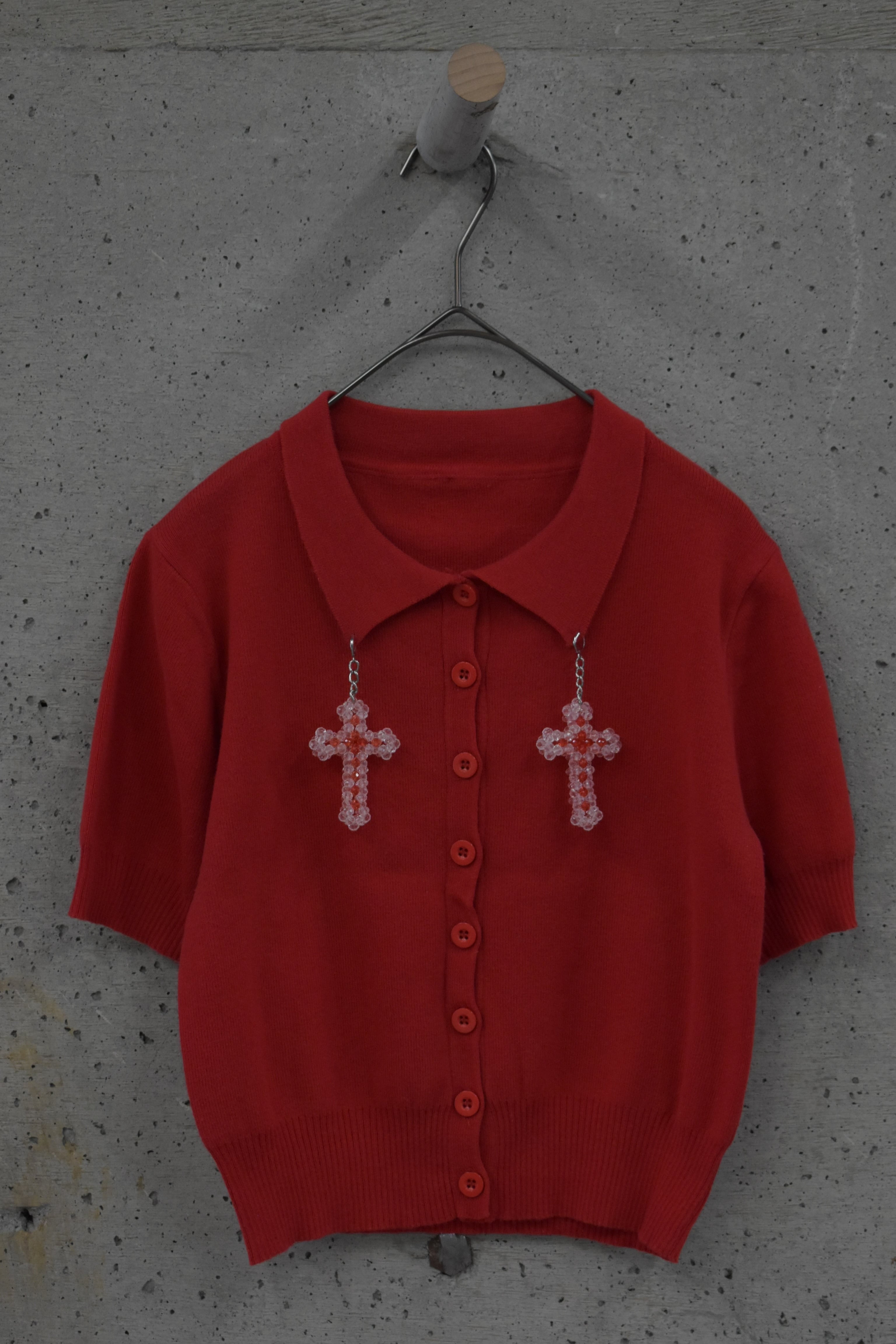 Beaded Cross Motif Polo Cardigan