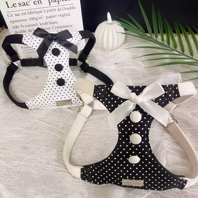 リボン付ドット柄のハーネスとリードのセット　01043