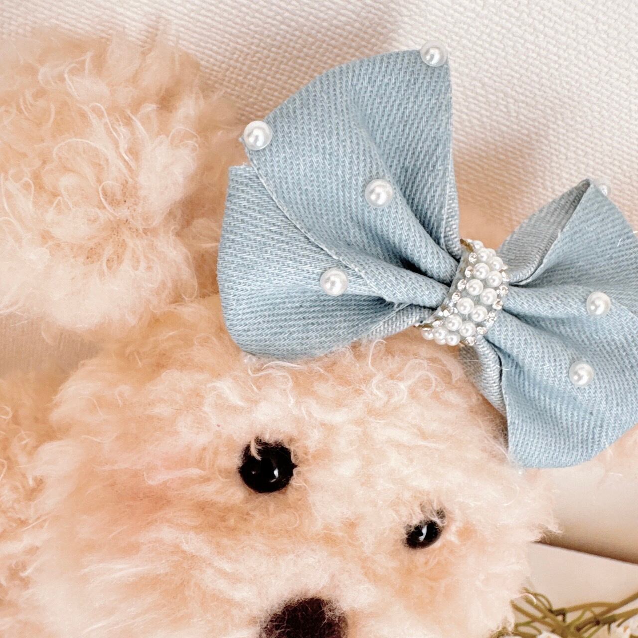 デニムパールリボンヘアバンド（後ろ支え付き）