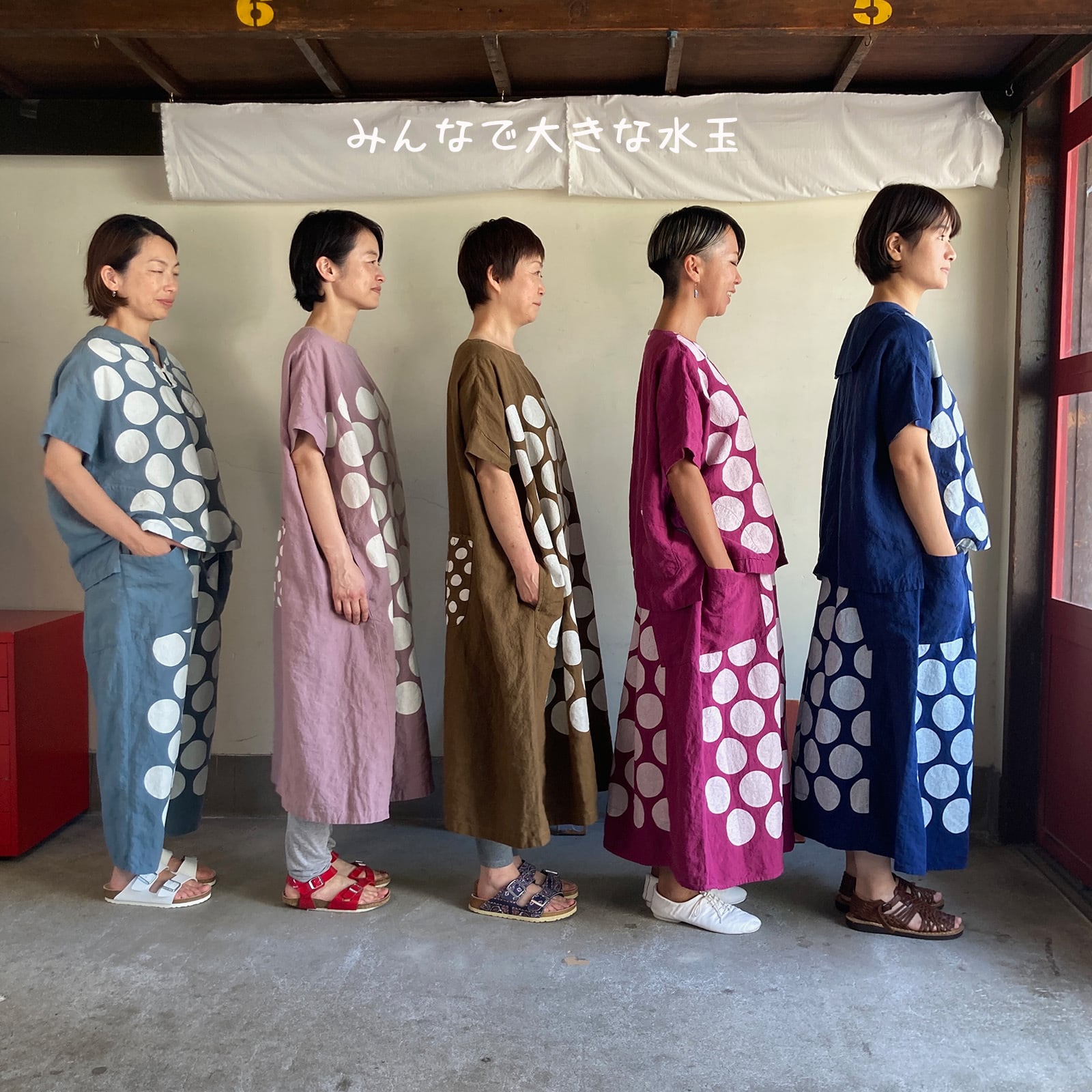 後ろポケ半袖ワンピース Girl'sベルギーリネン大きな水玉 61OP19