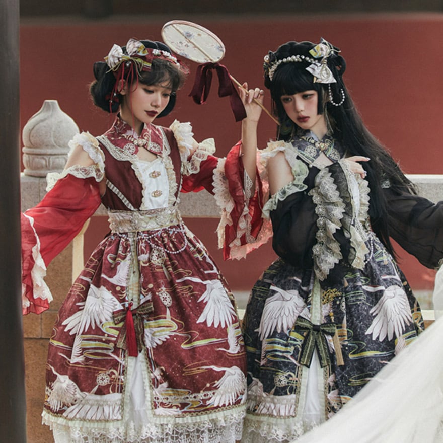 和ゴシック ドレス 鶴柄×姫袖×豪華フリル 赤×黒 中国風｜WithU