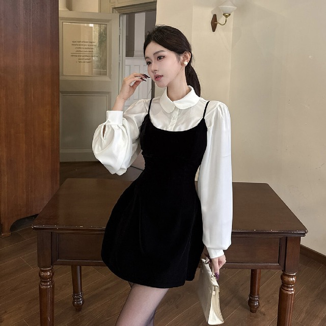 【2点セット】ランタンスリーブ シャツ＆ベルベット 吊りワンピース 通勤コーデ