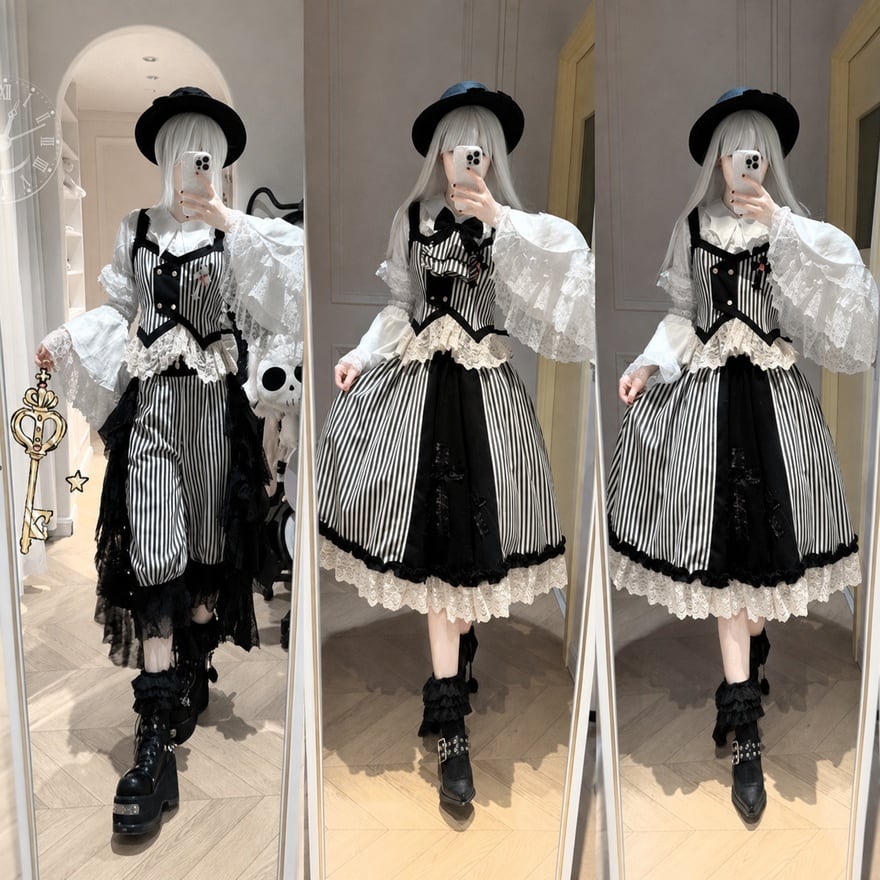 ロリータファッション 王子系少年装 黒×白 ストライプクロップドパンツ