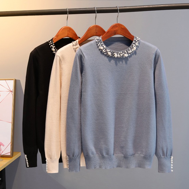 トップス セーター レディース ニット パール ビジュー 5色 ラウンドネック 長袖 スリム 無地 グレーブルー ブラック ホワイト ブラウン アプリコット フリーサイズ おしゃれ シンプル きれいめ こなれ感 大人 大人女子 上品 フェミニン 秋 冬 あったか 暖かい 防寒 デート お出かけ 女子会 休日 通勤 通学 オフィス 10代 20代 30代 40代 50代 女性用 レディース 定番 トレンド 韓国 送料無料 インスタ映え ファッション スタイル コーデ プチプラ