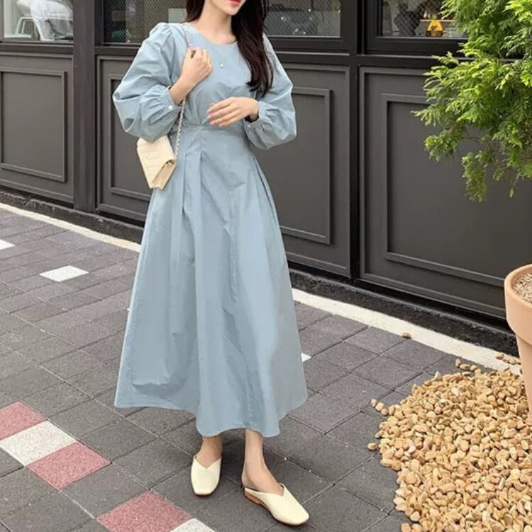 ロング丈 パフスリーブ Aラインワンピース 1col N00164