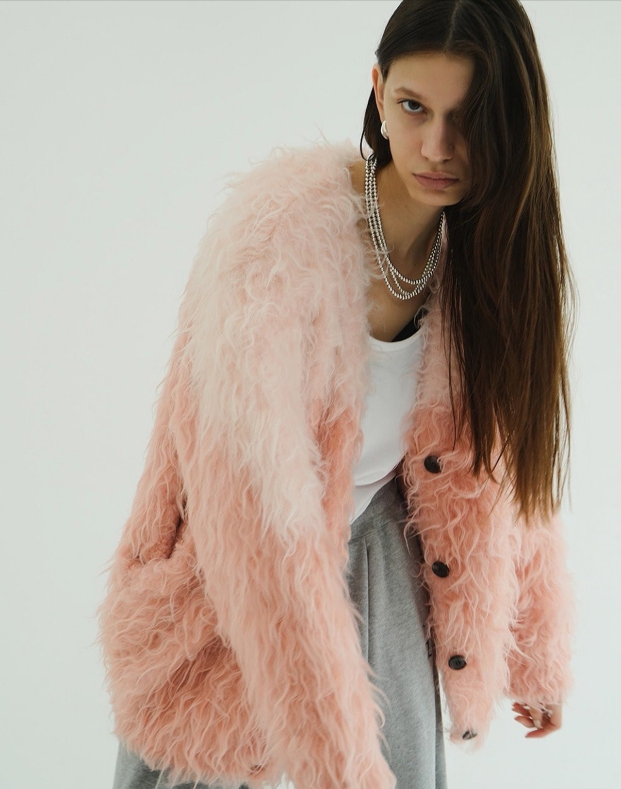 CLANE BI COLOR SHAGGY KNIT CARDIGAN