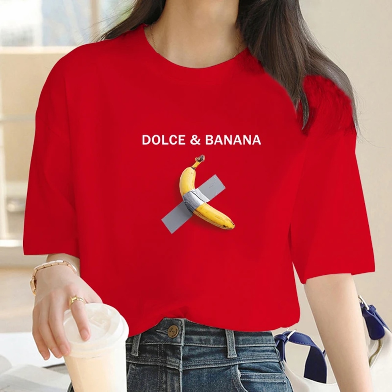 女性のためのdolceバナナプリントTシャツ,だぶだぶの半袖Tシャツ,純綿 