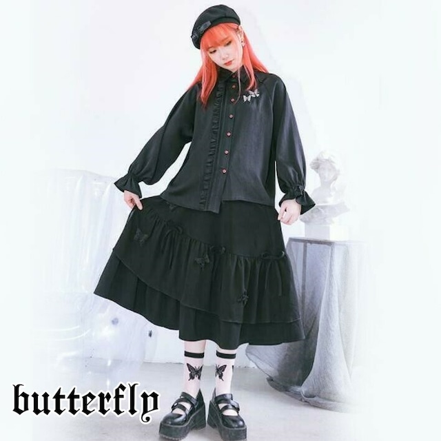 With U 古怪舍 オリジナル スカート butterfly フレアスカート リボン フェイクレイヤード 病み可愛い ゴスロリ  10代 20代 ゴスロリ服 病み服