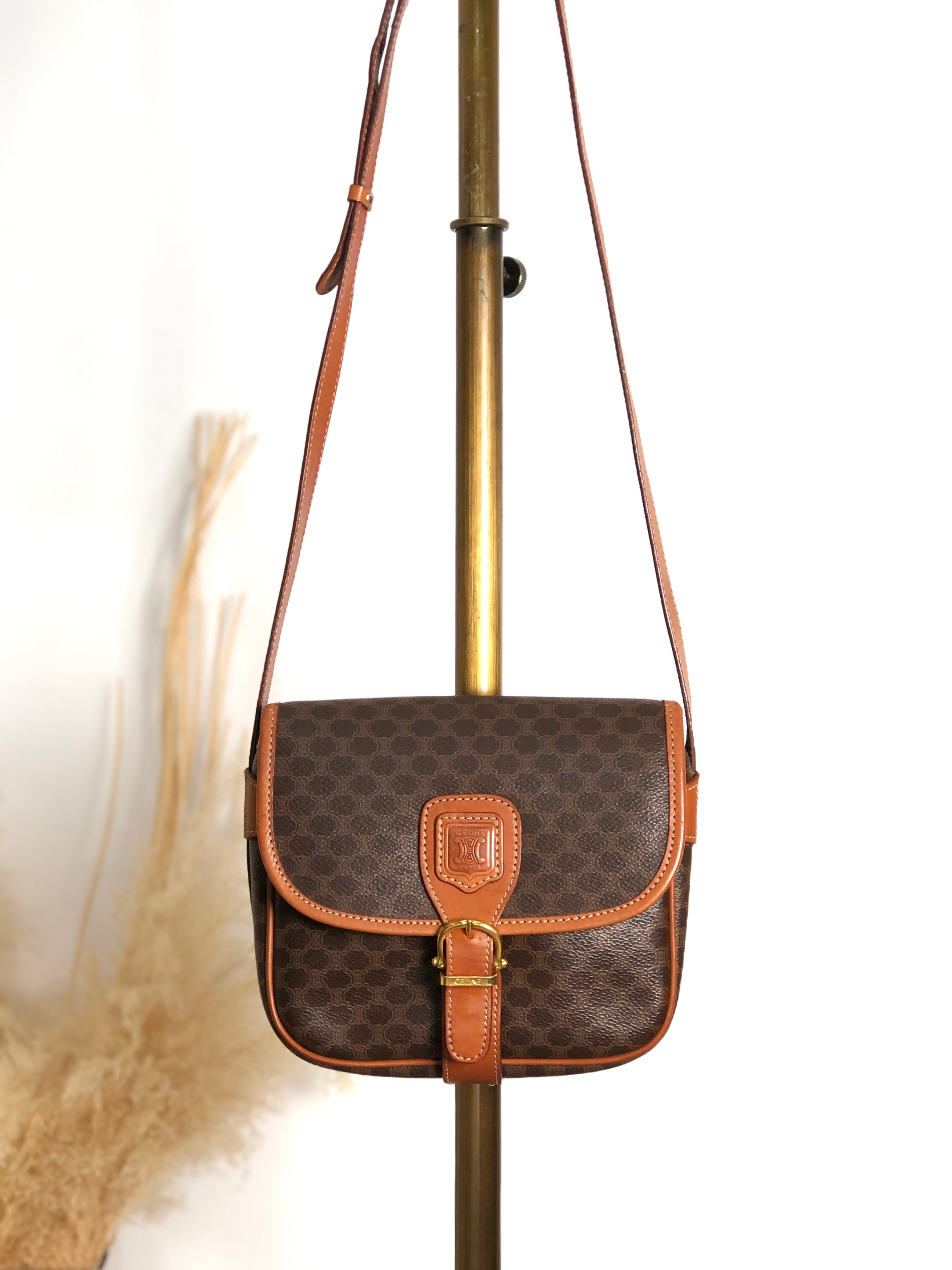CELINE セリーヌ マカダム ショルダーバッグ ブラウン ブラゾン型押し フロントバックル PVC レザー vintage ヴィンテージ オールド need42