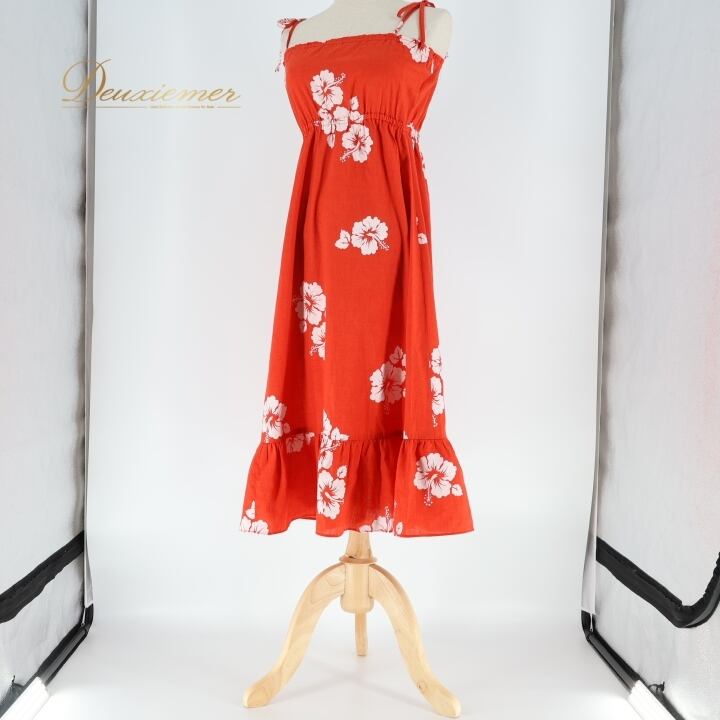 フラダンス 衣装 ワンピース ドレス レッド系 ハイビスカス柄