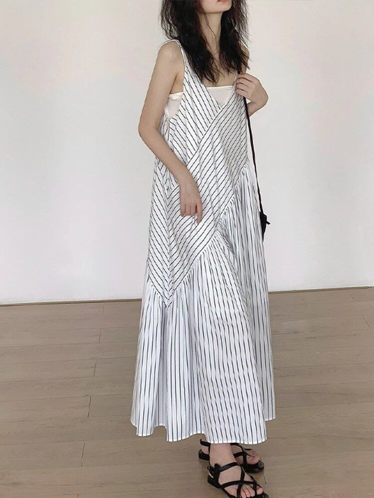 カジュアルワイドレッグジャンプスーツ怠惰なスタイルストライプ女性の夏ルーズスリミングワンピーススーツ綿混紡ロングパンツ