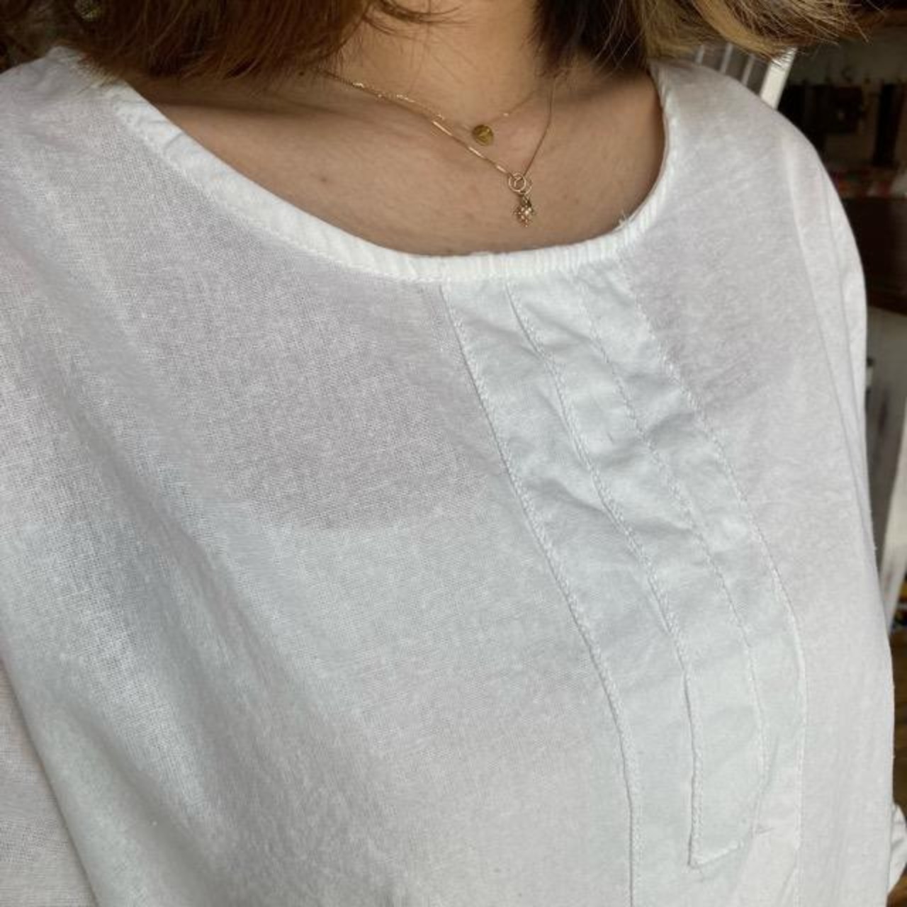 TOPANGA Lady's　フロントライン5分袖ブラウス　オフホワイト