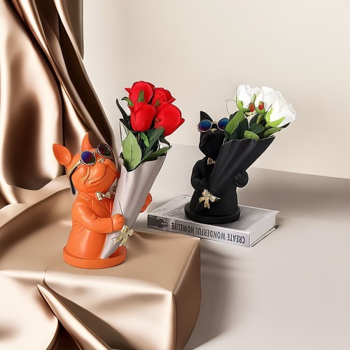花瓶 ブルドック 犬 フラワーポット ２色展開 ブラック ベージュ オーナメント ユニーク インテリア デスクトップ装飾 玄関装飾 リビング装飾 収納 オブジェ