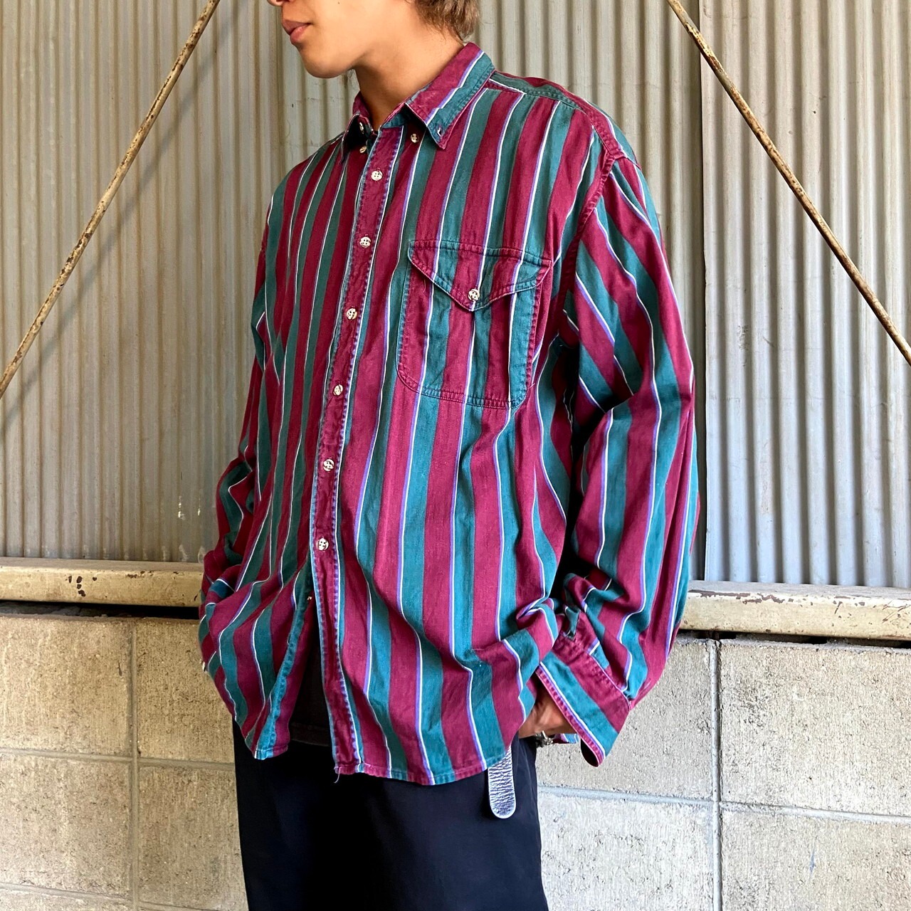 90年代 BRITTANIA 長袖 マルチストライプシャツ メンズXL 古着 90S 