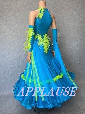 社交ダンス ドレス　スタンダード　モダンドレス　セルリアンブルー　M　ST-22-34 　デモ・競技用ドレス　発表会衣装　パーティドレス　ワンピース　舞台衣装